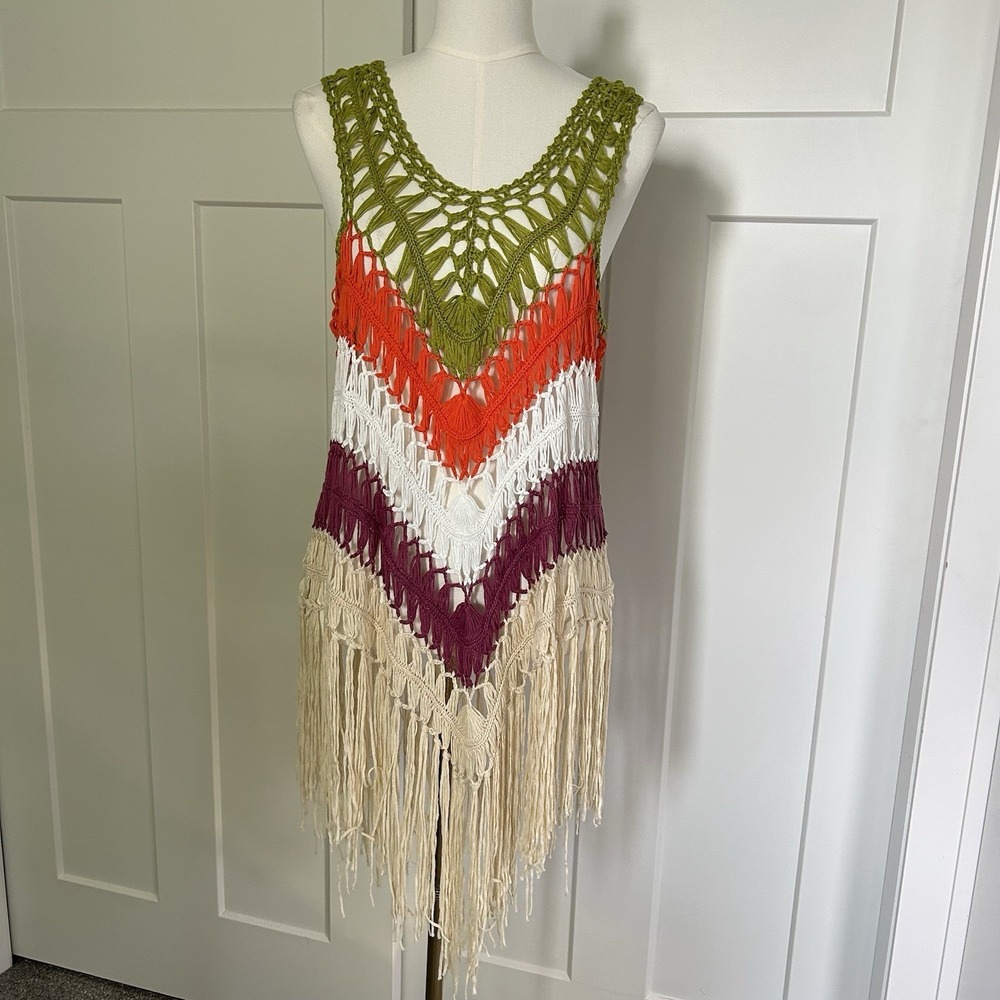 Boho Crochet Fringe Cover Up Festival Top Multicolor Sleeveless One Size